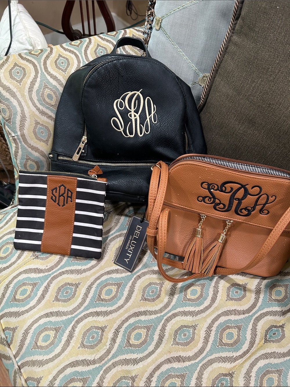 Black Monogram “SRA” Backpack with Tan Crossbody and Pouch Set 3 pieces